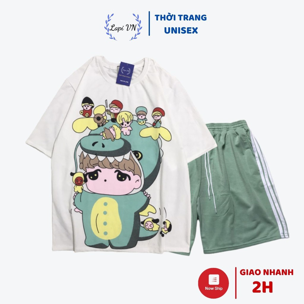 Đồ Bộ Hoạt Hình Unisex Tiểu Khủng Long Anime Quần Đùi 3 Line – Lapi VN, Set Cartoon, Freesize, Nam Nữ Đều Mặc Được