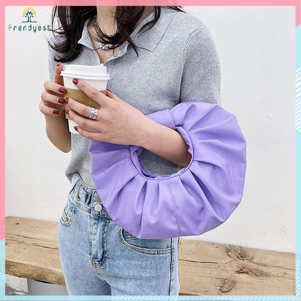 Túi xách hình tròn bằng da PU họa tiết xếp ly nhỏ màu trơn thời trang cho nữ