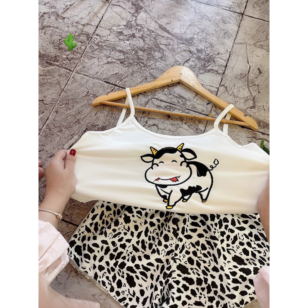 Set áo 2 dây phối quần short đùi bò sữa mặc nhà dễ thương