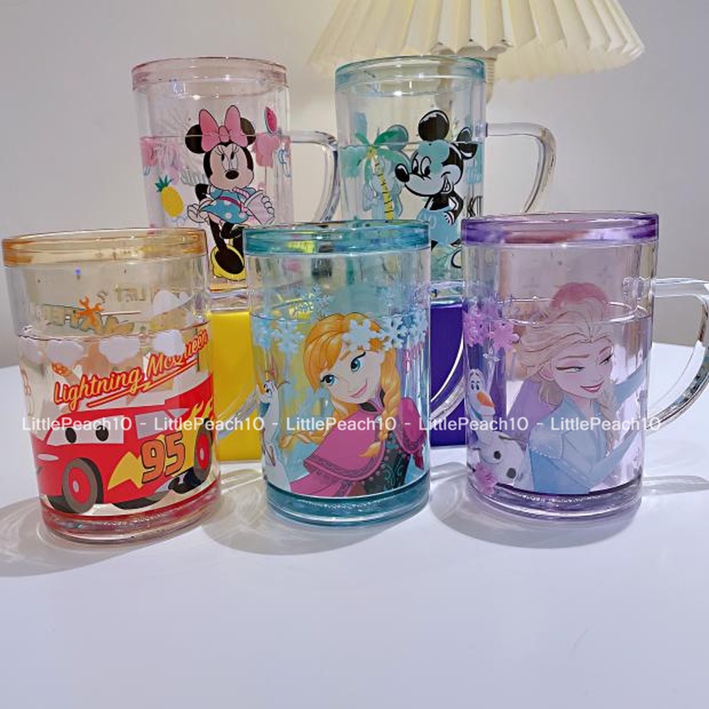 Ly nước Disney 2 lớp thẳng nhũ kim tuyến rơi lung linh Mickey Minnie Frozen Car cho bé trai và gái