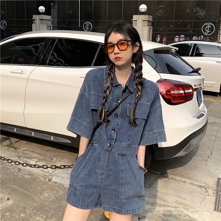 Ethelgirl Set Áo Sơ Mi Tay Ngắn Và Quần short denim Lưng Cao Ống Rộng Phong Cách Hong Kong Cho Nữ