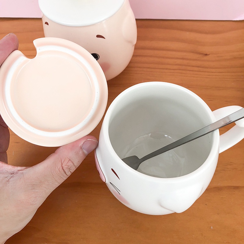 LY CỐC SỨ CẶP ĐÔI CÓ NẮP HÌNH MÈO 400ML KÈM THÌA XINH XẮN