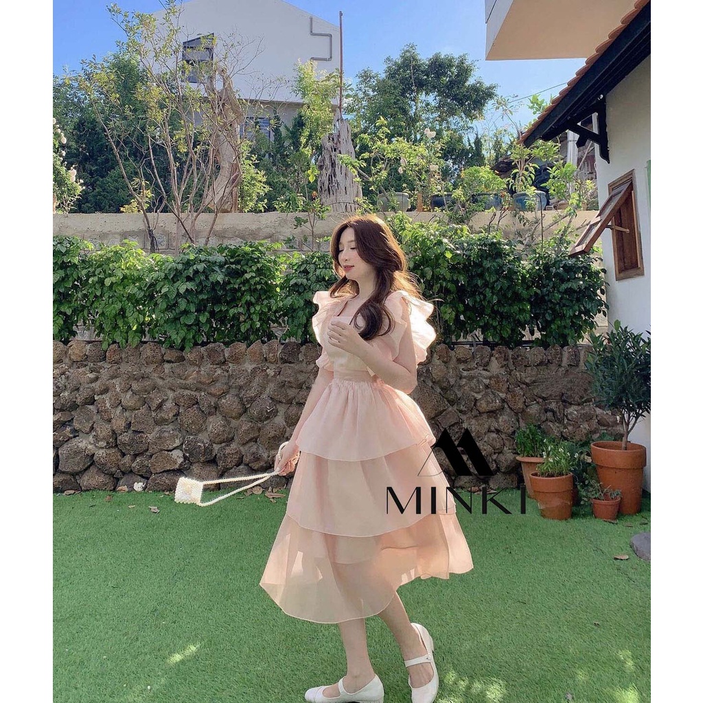 ĐẦM HỒNG XẾP LI VAI 3 TẦNG CỘT VAI - CHẤT LIỆU CAO CẤP - MÀU HỒNG TIỂU THƯ | BigBuy360 - bigbuy360.vn