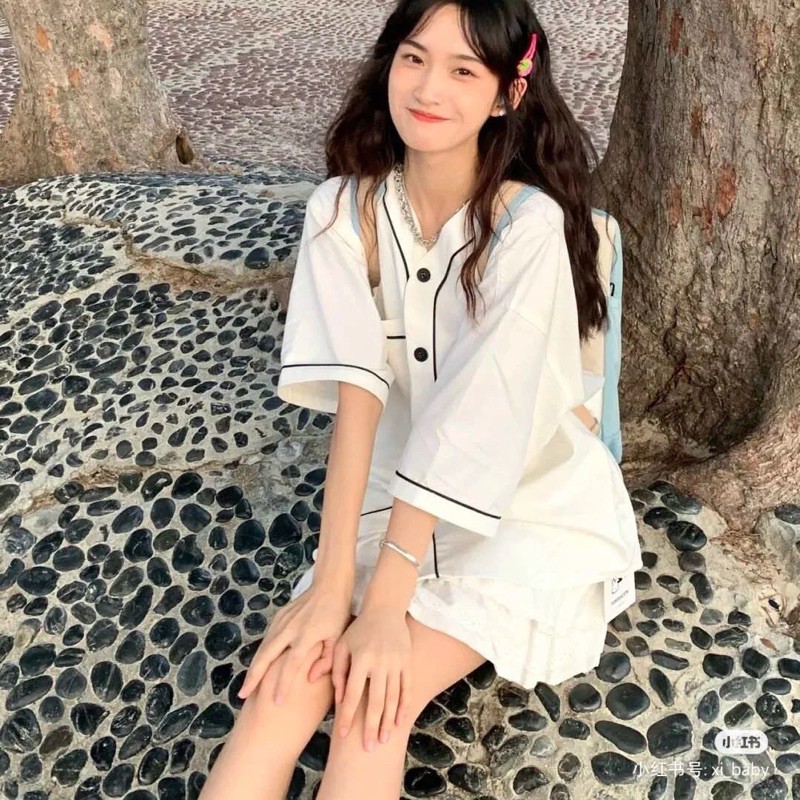 Set áo bóng chày cute + chân váy ba tầng