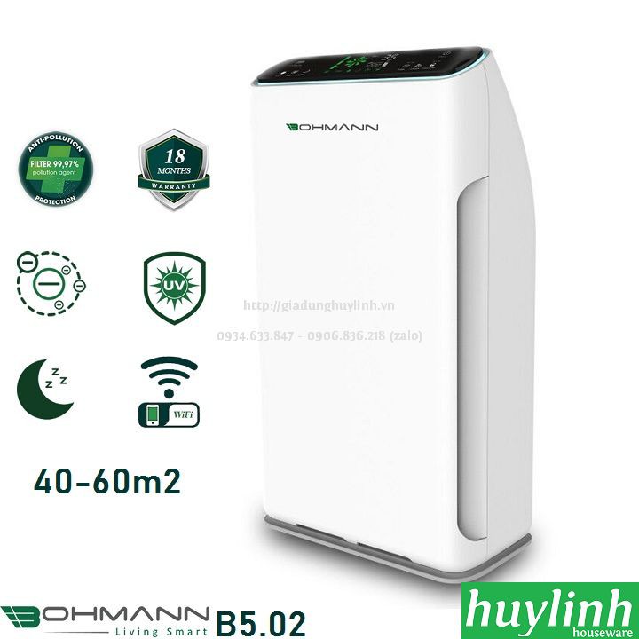 [Mã ELHAMS5 giảm 6% đơn 300K] Máy lọc không khí Bohmann B5.02 - 60m2 - Điều khiển wifi - Diệt khuẩn UV