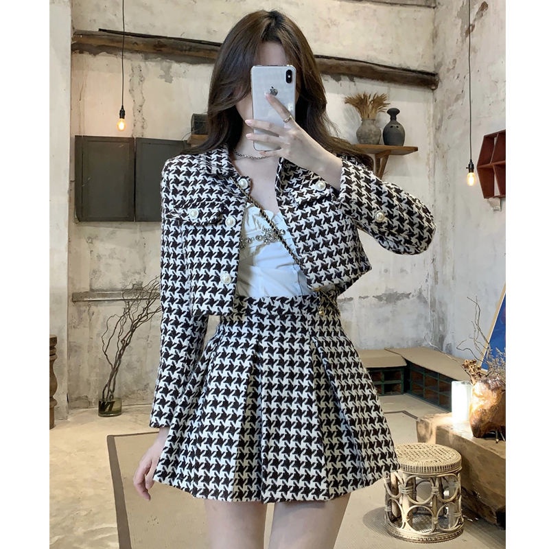 Bộ Áo Khoác + Chân Váy Xếp Ly Sọc Ca Rô Phong Cách Hồng Kông Cổ Điển Thời Trang Mùa Thu Mới Cho Nữ