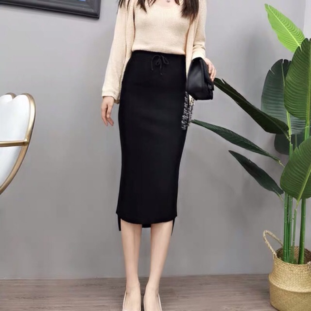 Chân váy len ôm dáng bút chì đen ( ảnh h chụp)nói