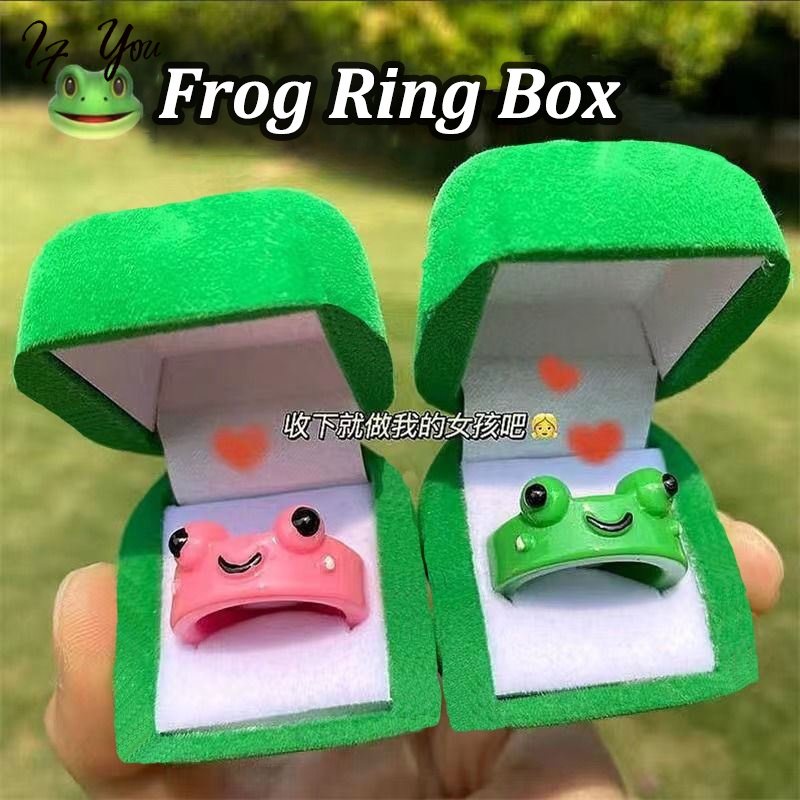Hộp kèm nhẫn / Nhẫn AY resin hình ếch / dâu tây màu hồng / xanh lá phong cách Hàn Quốc