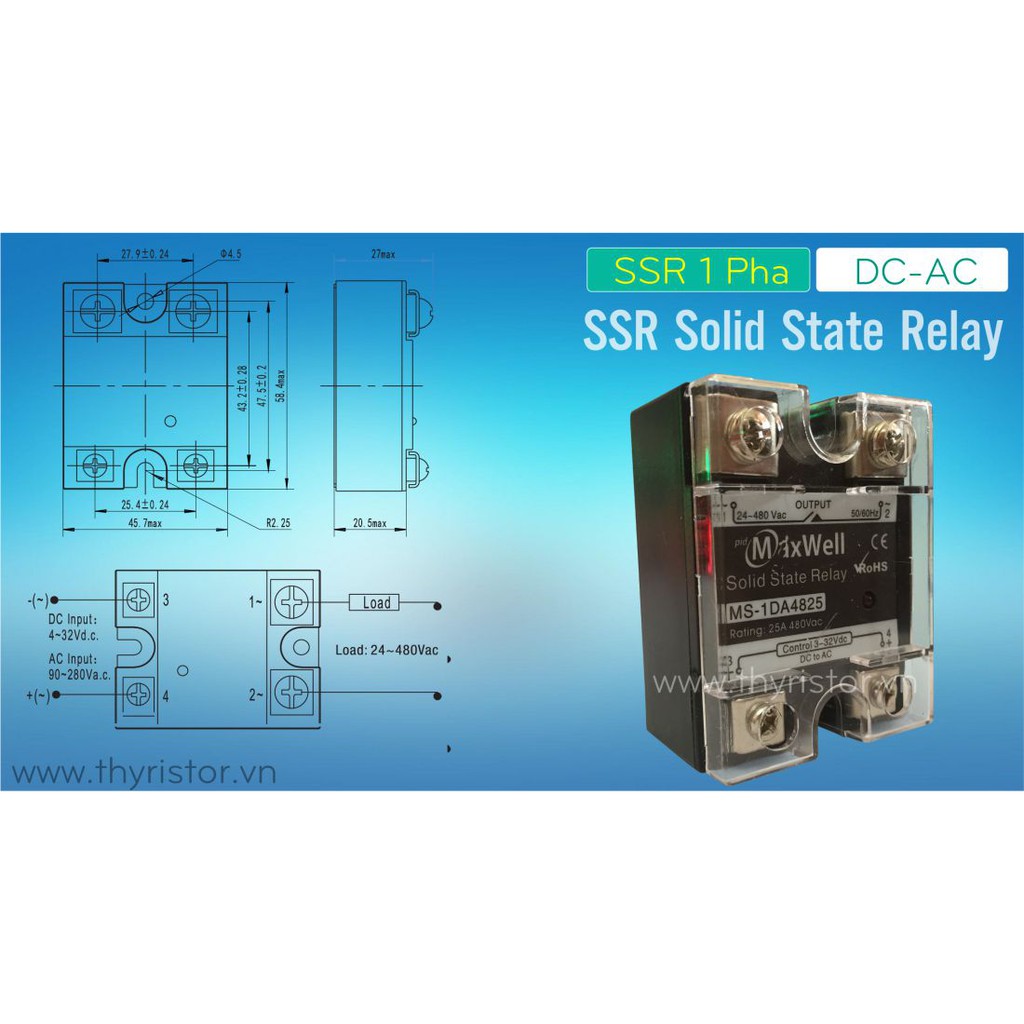 Rơ le bán dẫn  Maxwell 40A, 24-480 VAC MS-1DA4840