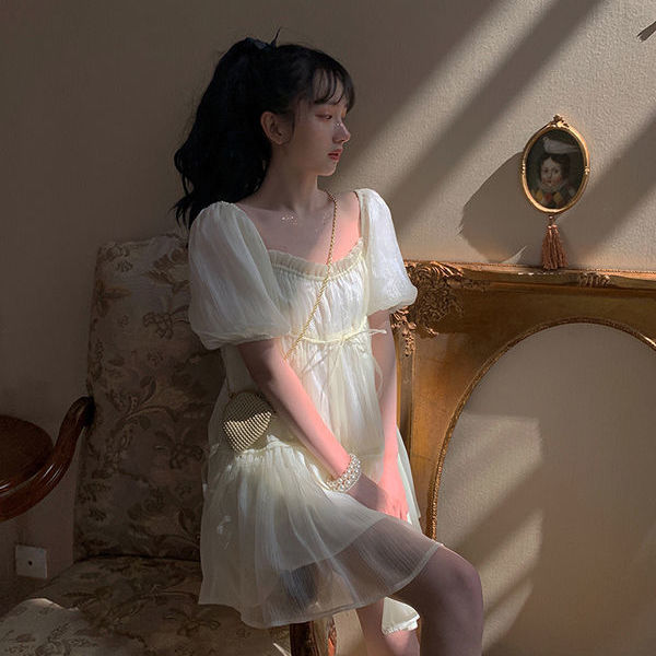 Anna's Sweet and lovely girl gauze high waist slim square collar bubble sleeve dress female princess dress 2021 spring new style | BigBuy360 - bigbuy360.vn