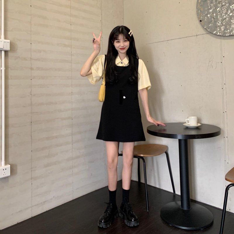 AMOI Bộ Áo Và Chân Váy Yếm Thời Trang Hàn Quốc 2022 Dành Cho Nữ