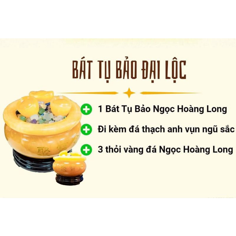 Bát Tụ Bảo Đại Lộc 10cm, 12cm, 15cm + 5 thỏi vàng + đá vụn ngũ sắc đầy bát, chất liệu đá Ngọc Hoàng Long