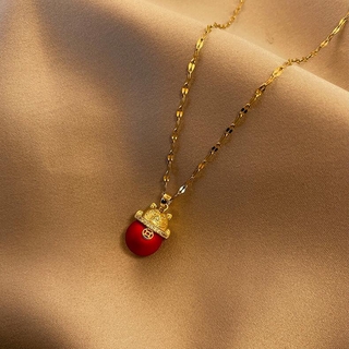 Vòng cổ ngọc trai màu đỏ hình mèo may mắn bằng thép titan màu vàng