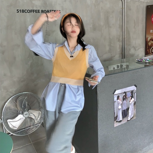 Áo croptop ZHELIHANGFEI dệt kim không tay hở vai màu sắc tương phản phong cách Retro thời trang Hàn Quốc