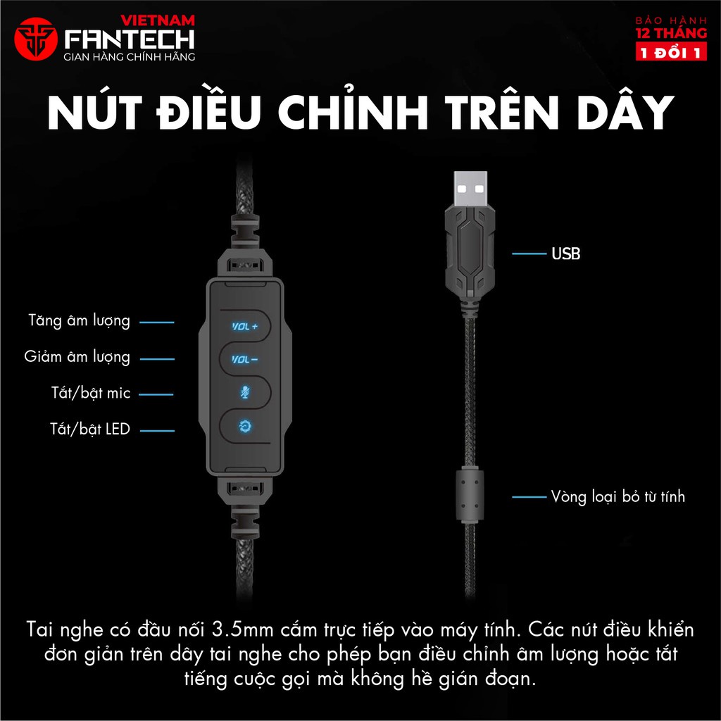 Tai Nghe Chơi Game Chụp Tai  FANTECH HG21 Âm Thanh Vòm 7.1 Có Micro Chân Cắm USB và LED RGB- Hãng Phân Phối Chính Thức