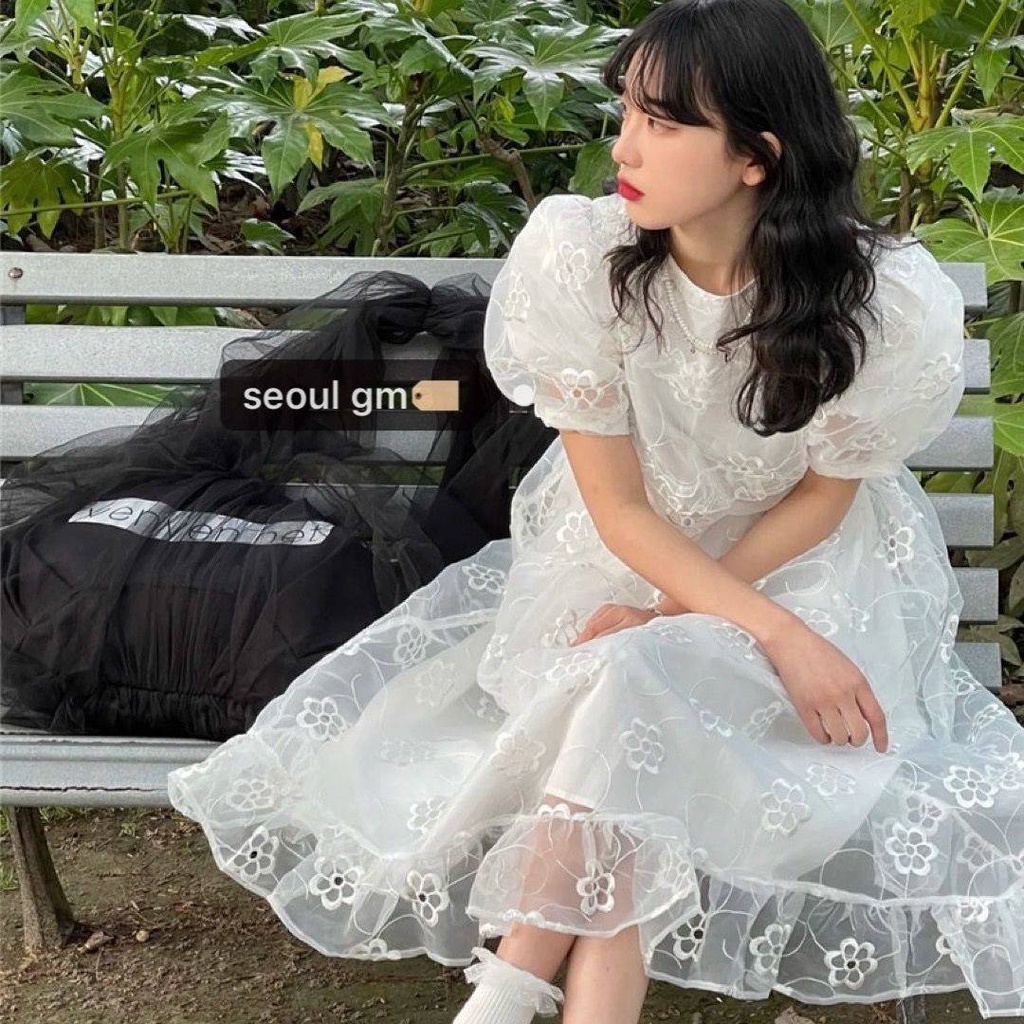 Váy babydoll Đầm Cổ Tròn Tay Phồng Phối Lưới Họa Tiết Hoa Thời Trang Mùa Hè Hàng Mới Năm 2021