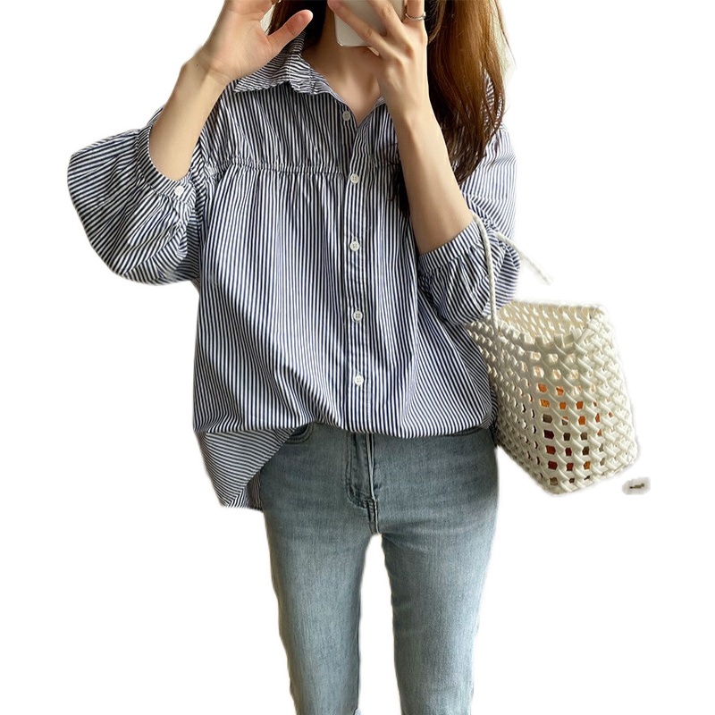 Áo Sơ Mi Tay Dài Phồng Họa Tiết Kẻ Sọc Phong Cách Hàn Quốc Trẻ Trung Cho Nữ