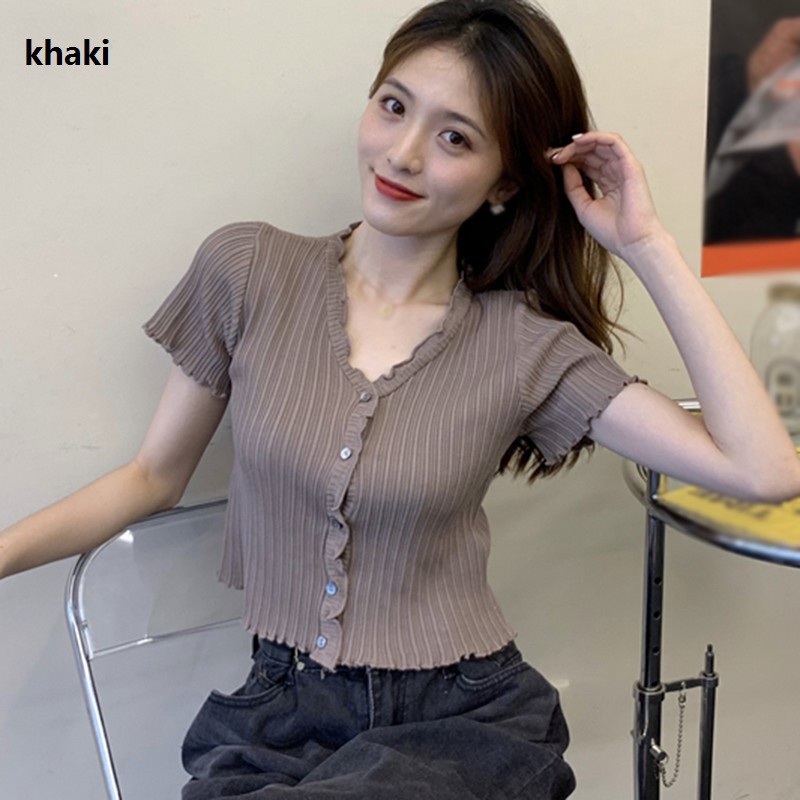 Áo Cardigan Ngắn Tay Cổ Chữ V Phối Nút Xinh Xắn Dành Cho Nữ