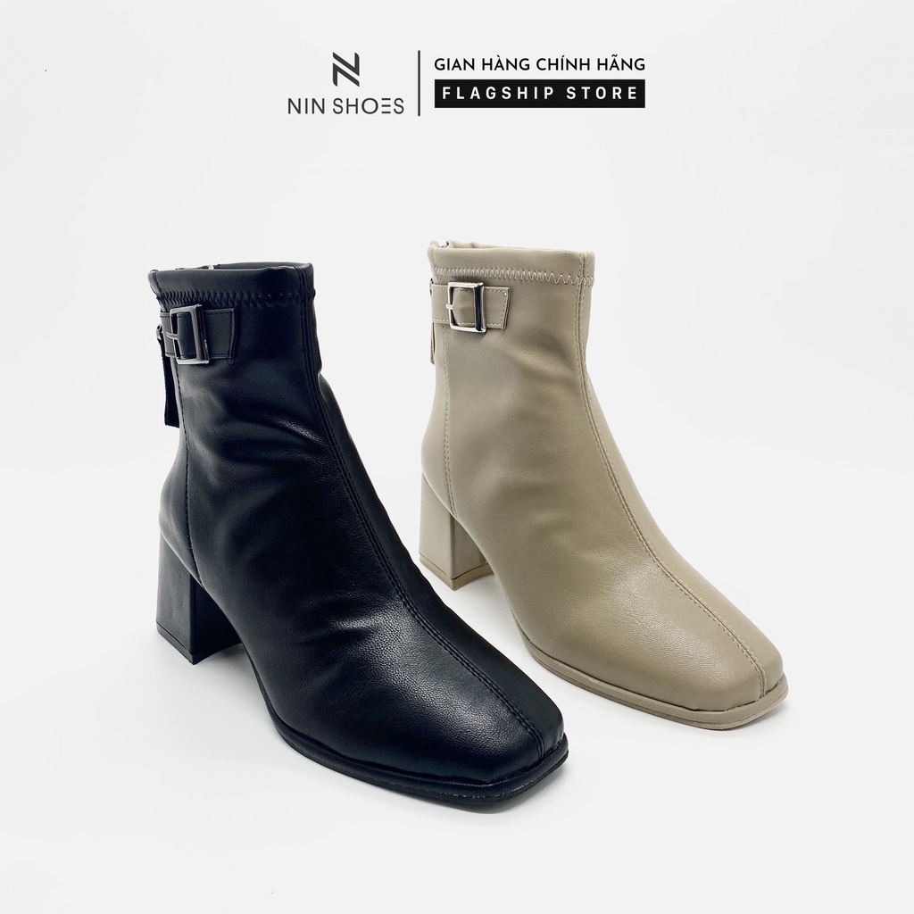 Giày Boot nữ 5p gót vuông khoá hông kéo khoá sau da si Ninshoes