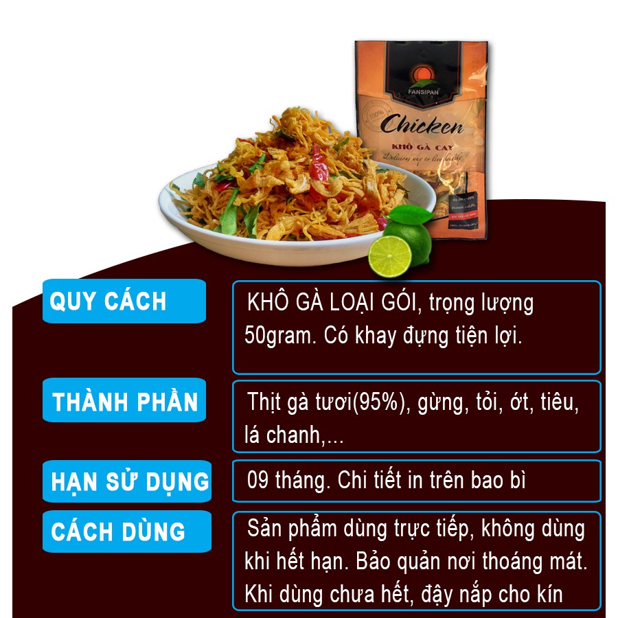 Khô gà lá chanh Fansipan 50g - khô gà lá chanh cay loại 1, thơm ngon không chất độn đảm bảo An toàn vệ sinh Thực phẩm | BigBuy360 - bigbuy360.vn