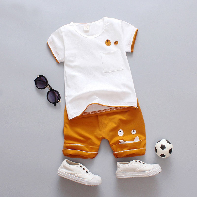 Set áo sơ mi ngắn tay có túi + quần short đáng yêu cho bé trai