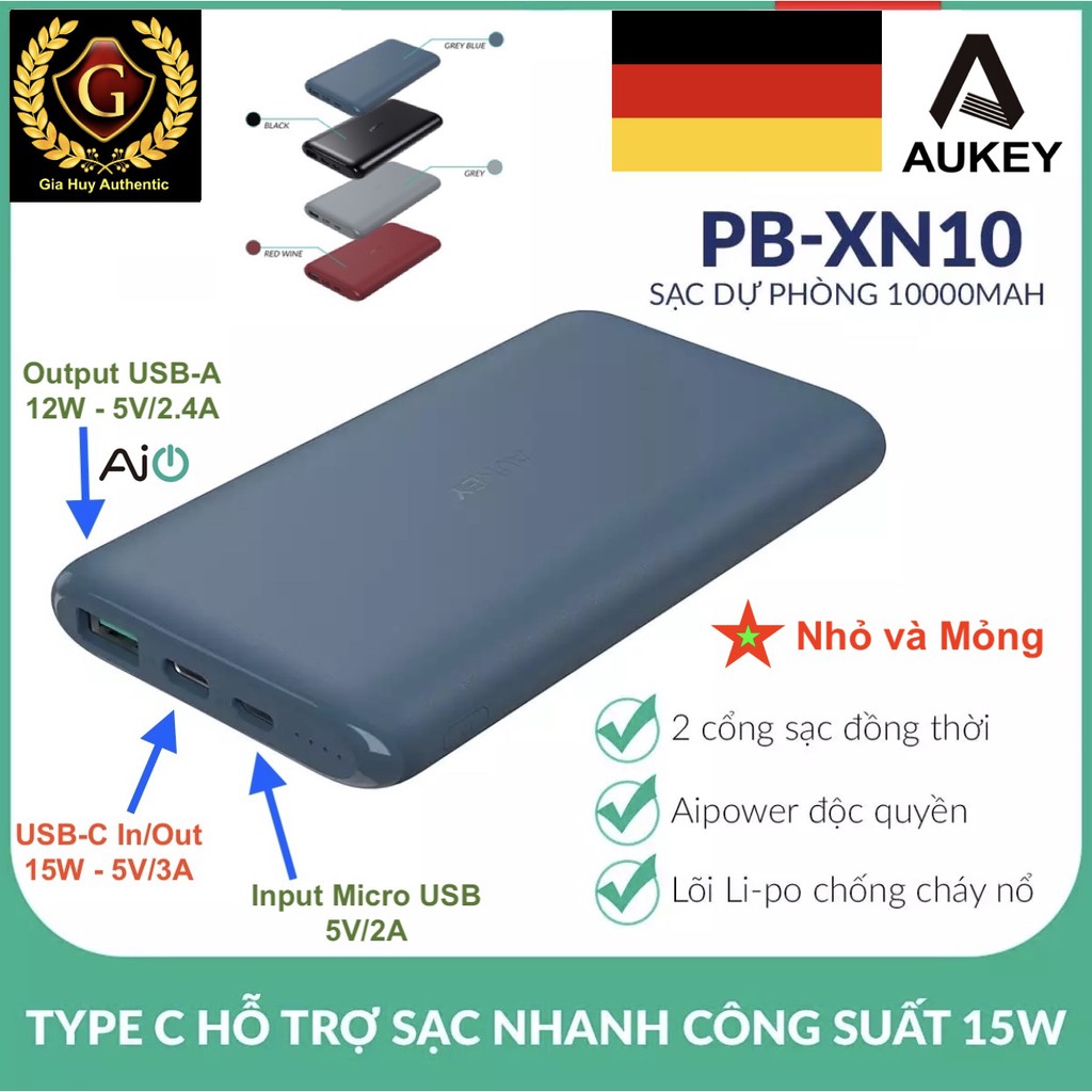 Pin sạc dự phòng AUKEY PB-XN10 10000mAh 15W, 02 cổng sạc (tích hợp USB-C 15W (In/Out)