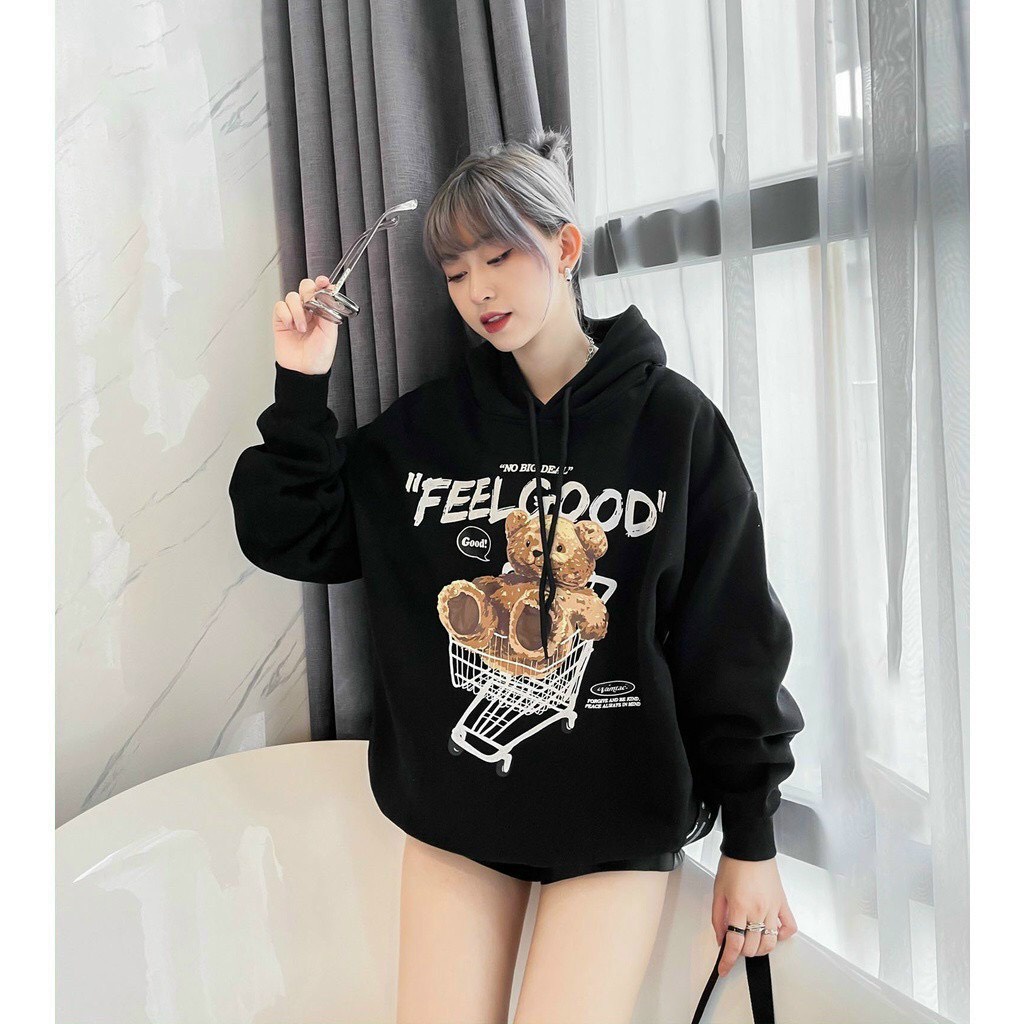 ÁO KHOÁC HOODIE CHUI ĐẦU IN CON GẤU FEELGOOD NỈ NGOẠI NỮ MÀU ĐEN MÀU BE CHẤT NỈ NGOẠI CAO CẤP NITIQC XỊN SÒ