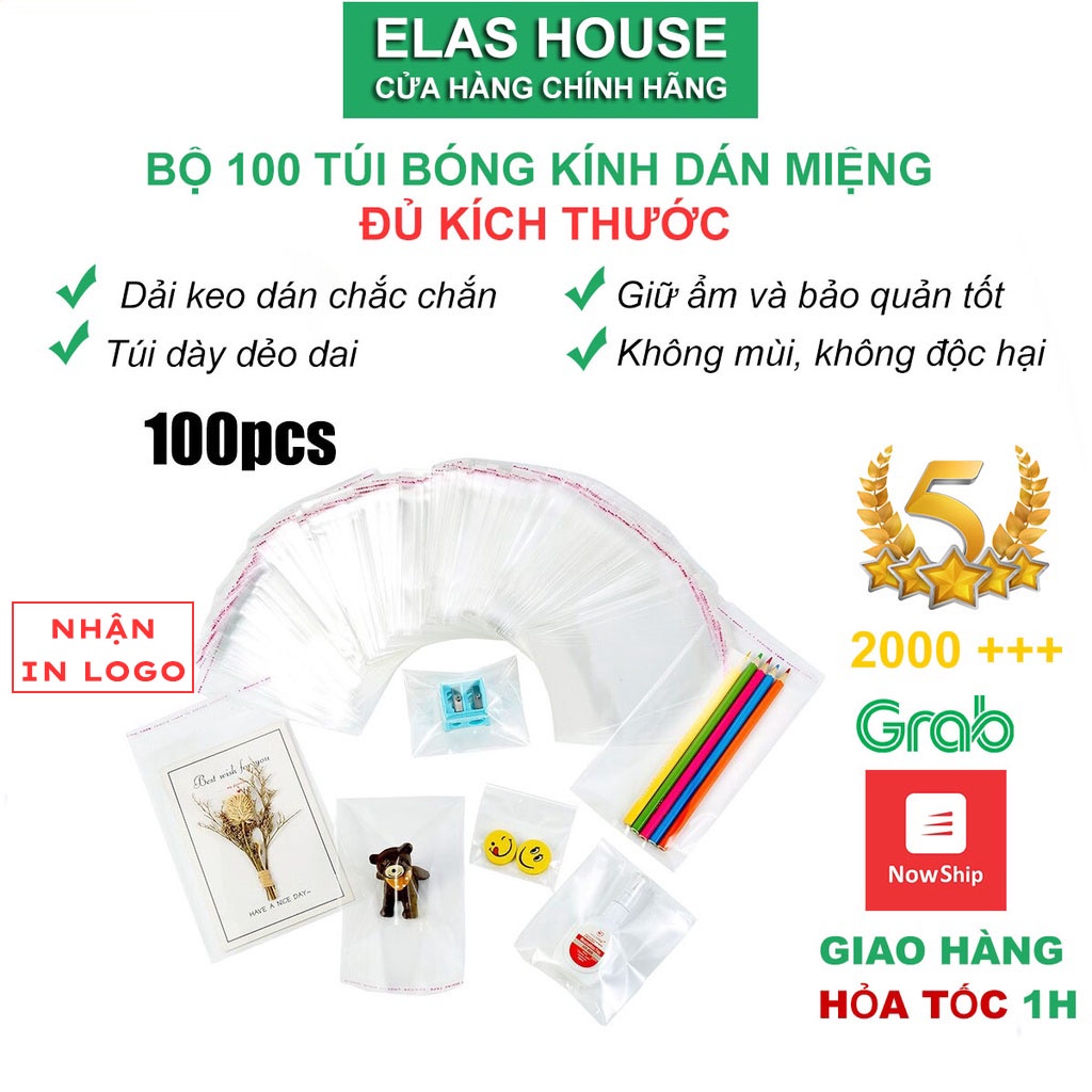 Túi bóng kính trong suốt  Elas House bộ 100 túi túi opp dán miệng đựng quần áo khẩu trang, phụ kiện