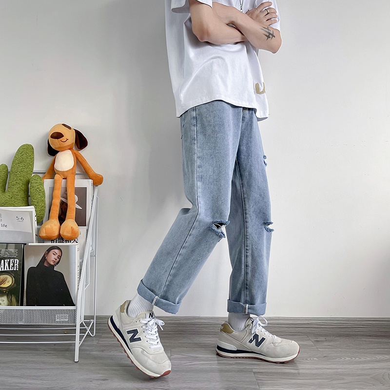Quần jean baggy xanh nam, nữ ống rộng, rách cá tính, vải cao cấp không phai màu