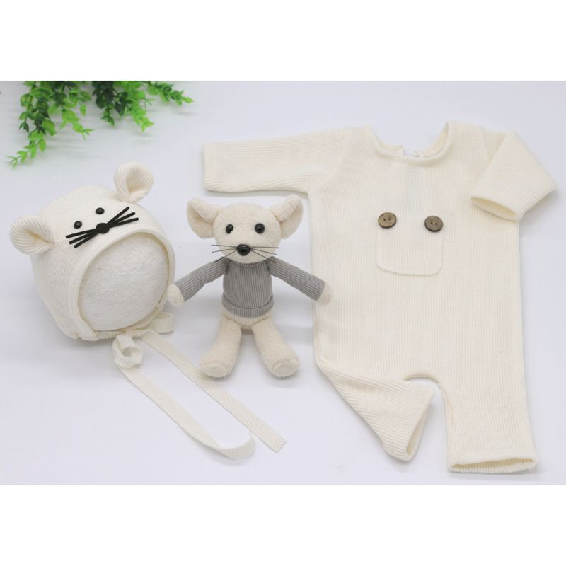 Set 3 món đồ liền thân cotton dệt kim + mũ hình chú chuột dùng làm phụ kiện chụp ảnh cho bé sơ sinh