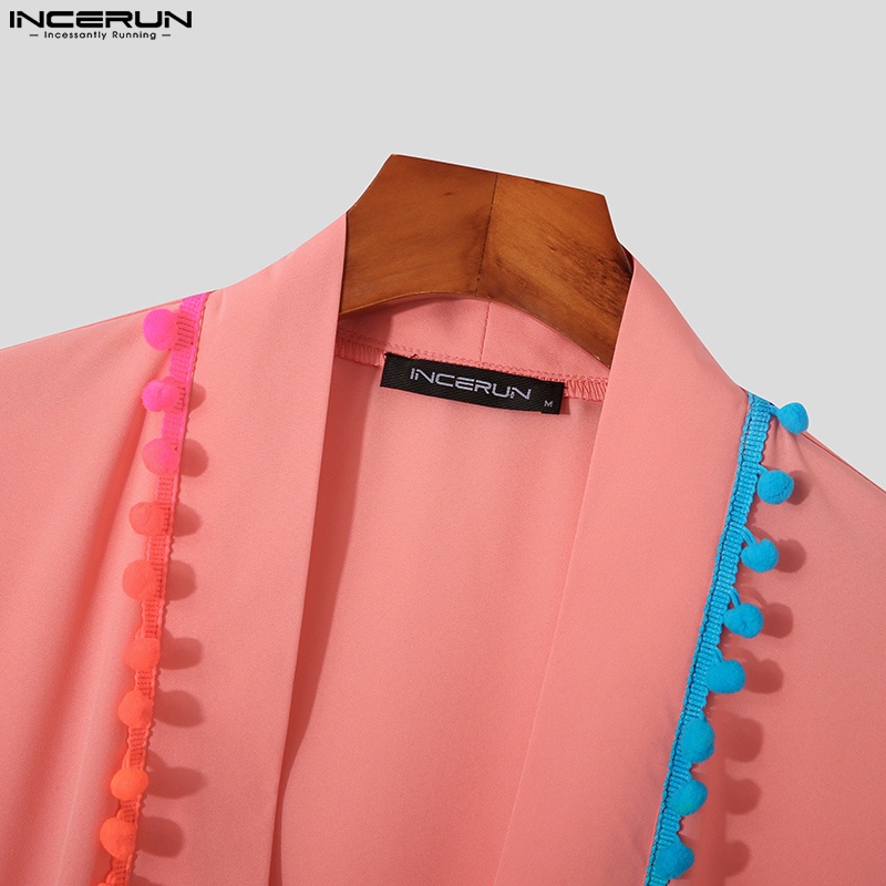 Set đồ INCERUN gồm áo khoác tay ngắn kèm quần short phối tua rua phong cách retro thời trang đi biển cho nam