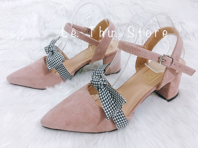 Giày cao gót 5 phân bít mũi nơ caro hở gót LT (BM020)