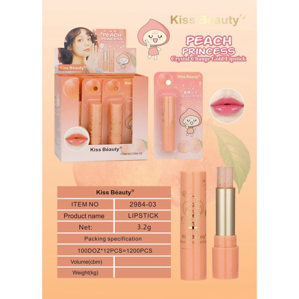 Son Dưỡng KissBeauty Peach Princess Mã 2984-03 - Kiss Beauty Crystal Change Gold Lipstick NO.:2984-03