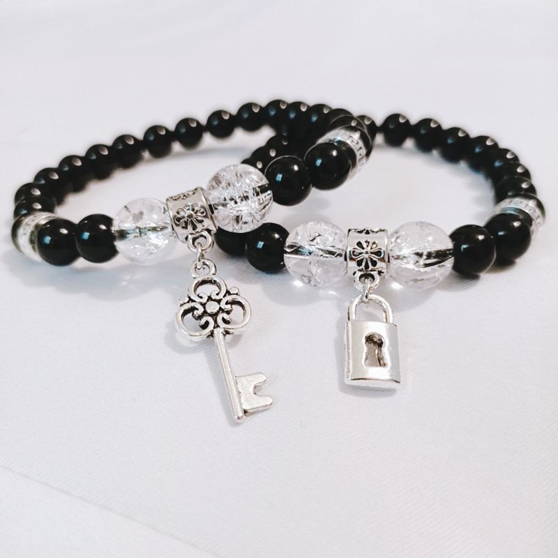 Vòng tay cặp đôi chuỗi hạt đen mix ổ khóa chìa khoá tình yêu