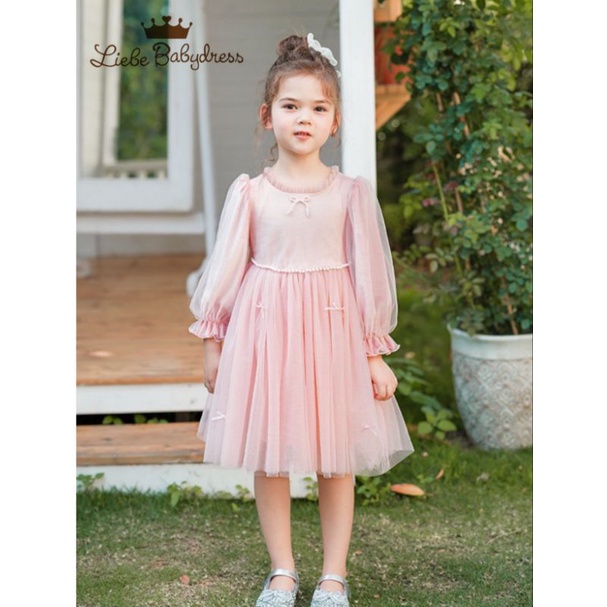 Đầm nhung voan công chúa bé gái hồng pastel phấn đính hạt 1-8 tuổi