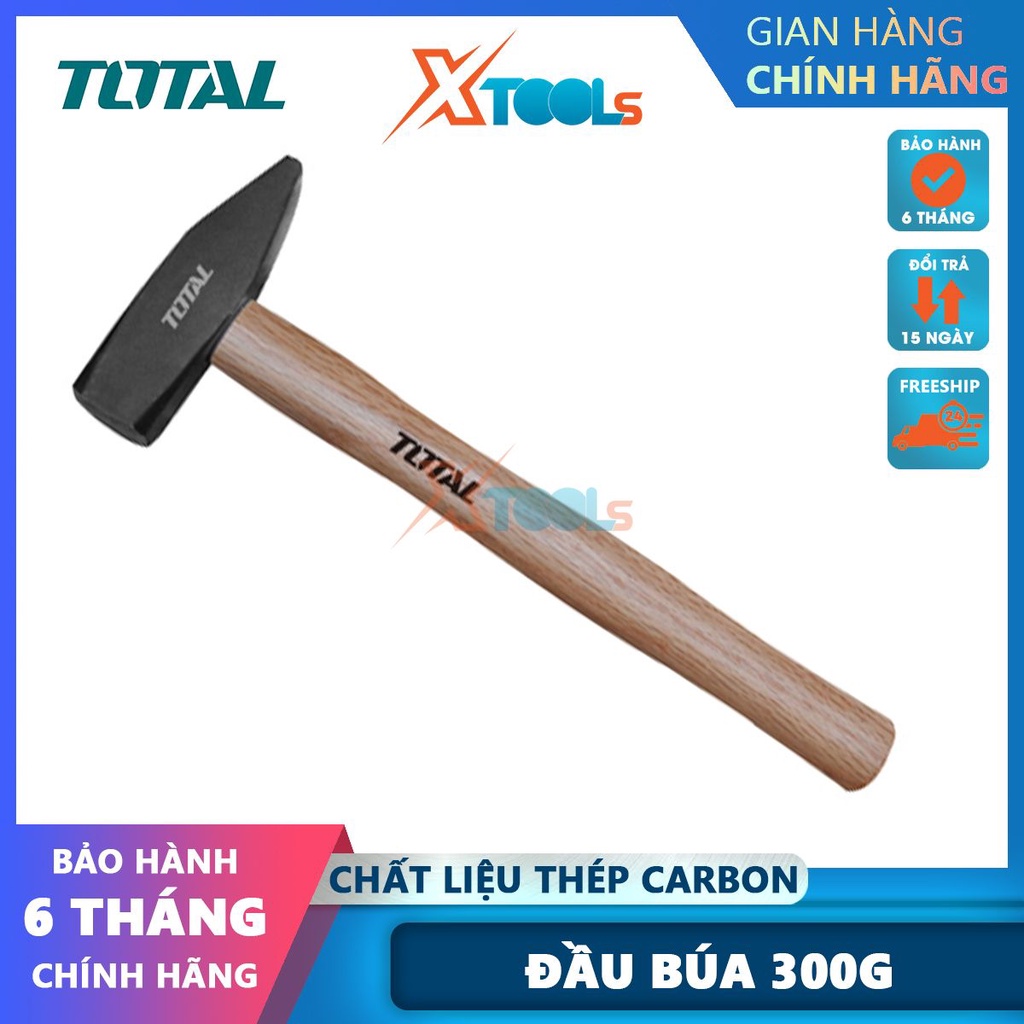 Búa đinh đầu dẹp và vuông TOTAL THTW71300, đầu bùa nặng 300g, cán cầm bằng gỗ, đầu búa rèn thả xử lý- CHÍNH HÃNG- XTOOLS