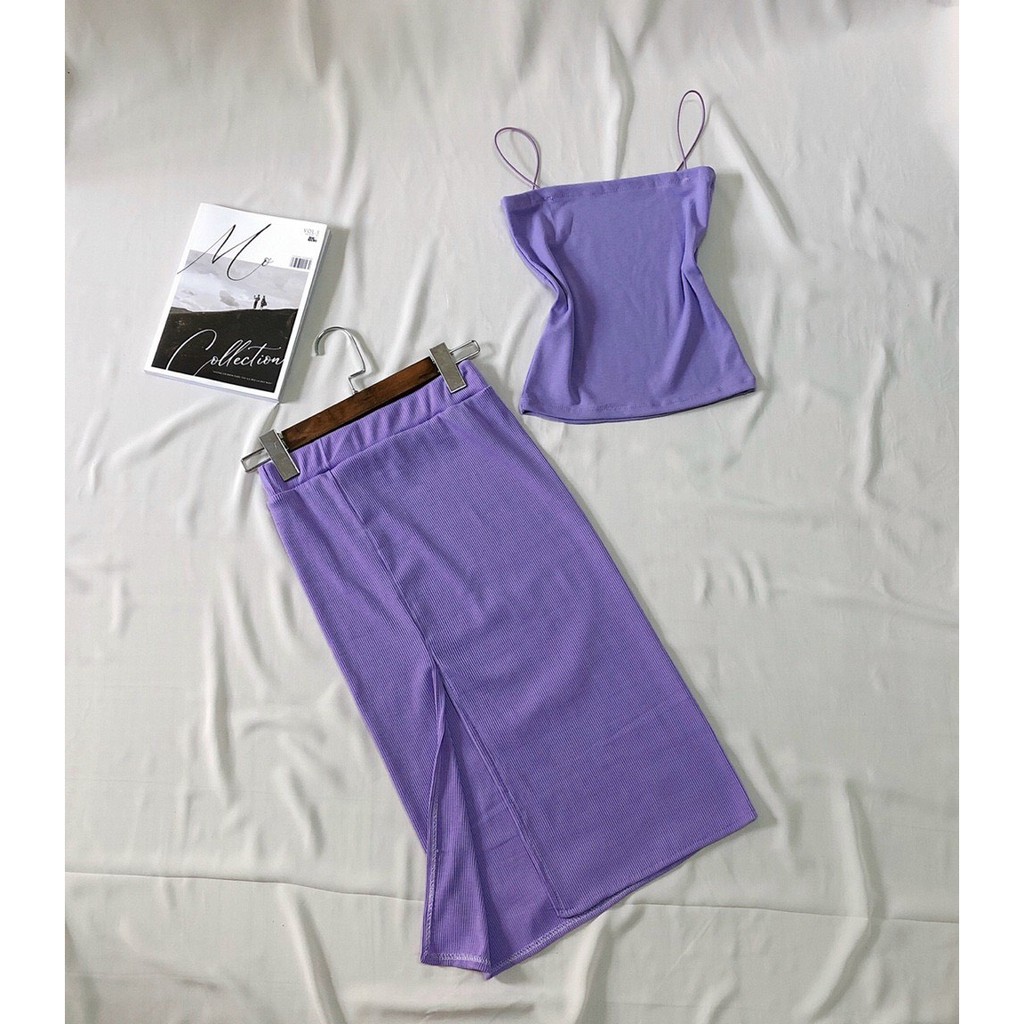 [ẢNH THẬT 100%] SET BỘ NỮ ÁO HAI DÂY NGANG CHÂN VÁY THUN BORIP ÔM BODY XẺ TÀ