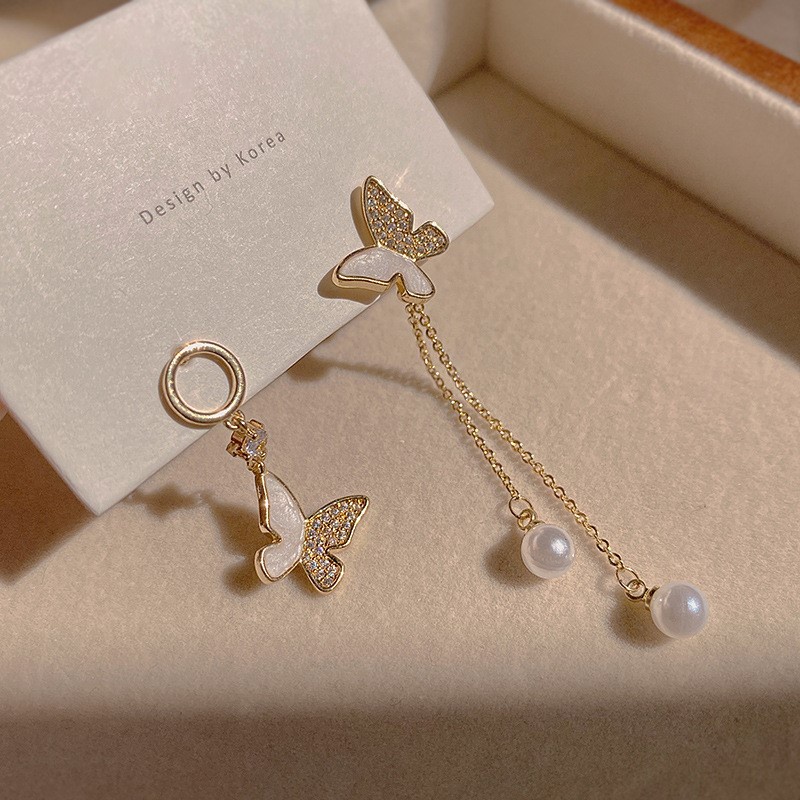 Khuyên Tai Dáng Dài Đính Ngọc Trai Hình Bướm Sang Trọng Phong Cách Hàn Quốc 2022