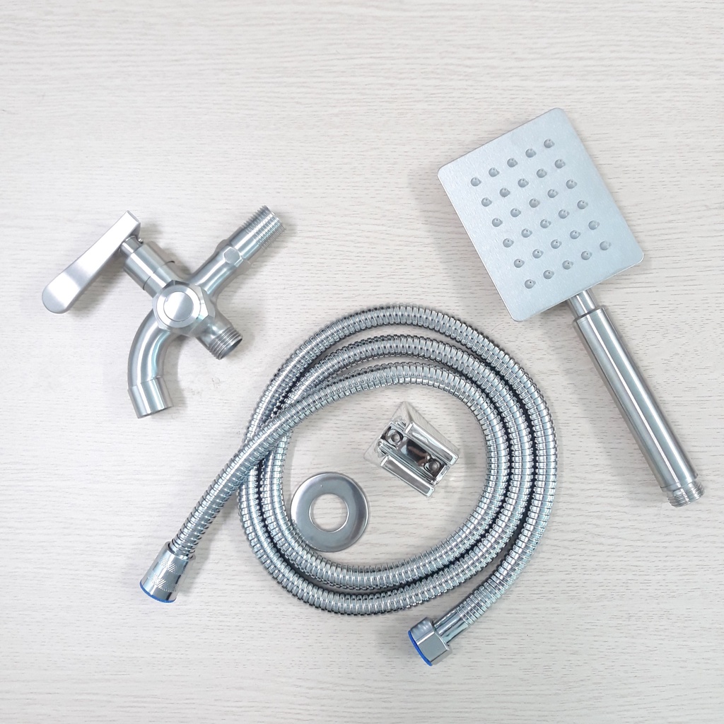 Bộ củ sen 1 đường nước lạnh Inox 304 Kèm Tay sen Inox Vuông Dẹt chống oxi hóa, tiết kiệm nước- Đủ bộ: Củ sen+tay+dây+cài