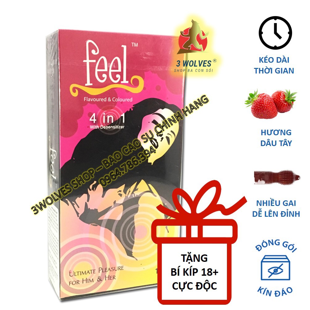 Bao cao su Feel 4 in 1, gân gai kéo dài thời gian - hộp 10c - 3wolves