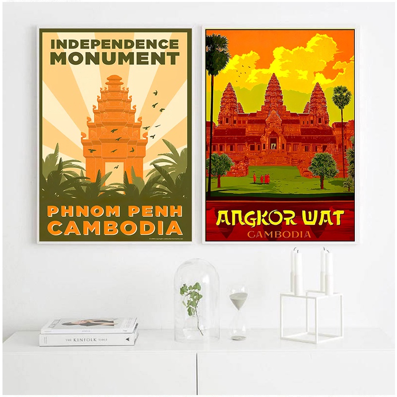 Tranh Treo Tường Vải Canvas Không Khung In Hình Phong Cách Đông Nam Á Cam-pu-chia Angkor Wat Khmer