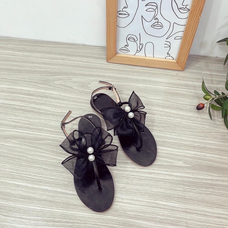 Giày Sandal Bệt Nữ kẹp quai T Đính Nơ Ngọc Hottrend HALEY STORE