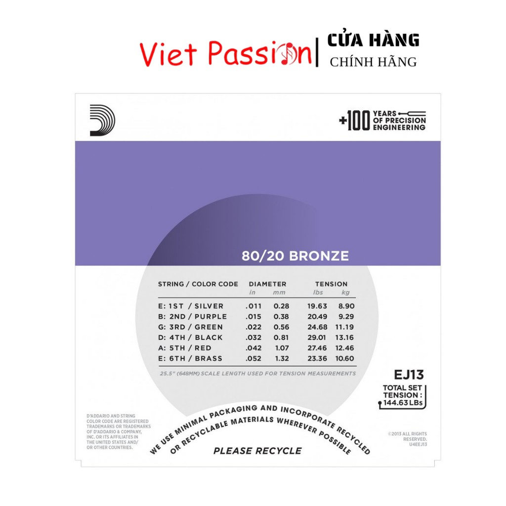 Dây đàn guitar Acoustic D'Addario EJ13 Chính Hãng dây sắt Viet Passion