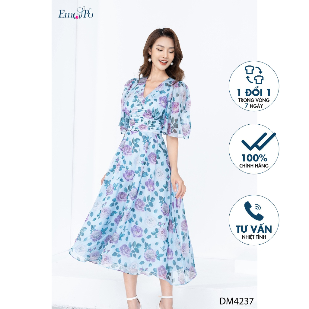 Đầm hoa xòe Emspo cổ tim, bấu ly phần eo thân trước DM4237