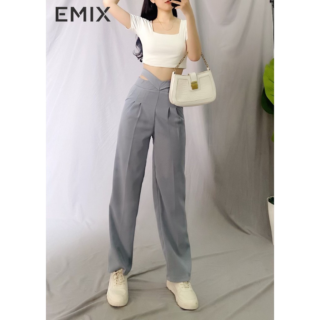 Quần tây nữ ống sớ kiểu mới cạp dây EMIX (2 màu), dáng dài, form rộng, cạp cao, vải tuyết mưa, mềm mịn, không bai xù