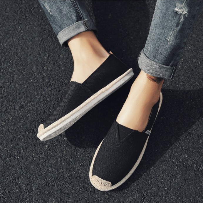 Slip on nam - Giày lười vải nam cao cấp - Vải bố màu đen, mũi cói - Mã SP 2905