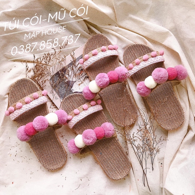 Dép cói đi biển 2 quai ngang đính cục bông thổ cẩm phong cách Vintage