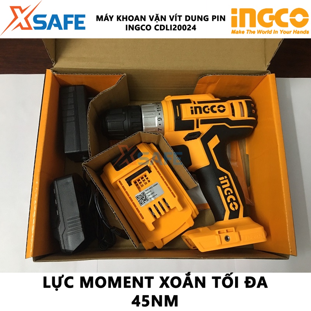 Máy khoan pin cầm tay 20V INGCO CDLI20024 hai tốc độ 400-1350v/p, có đèn làm việc, kèm theo 1 pin 1 sạc 2ah