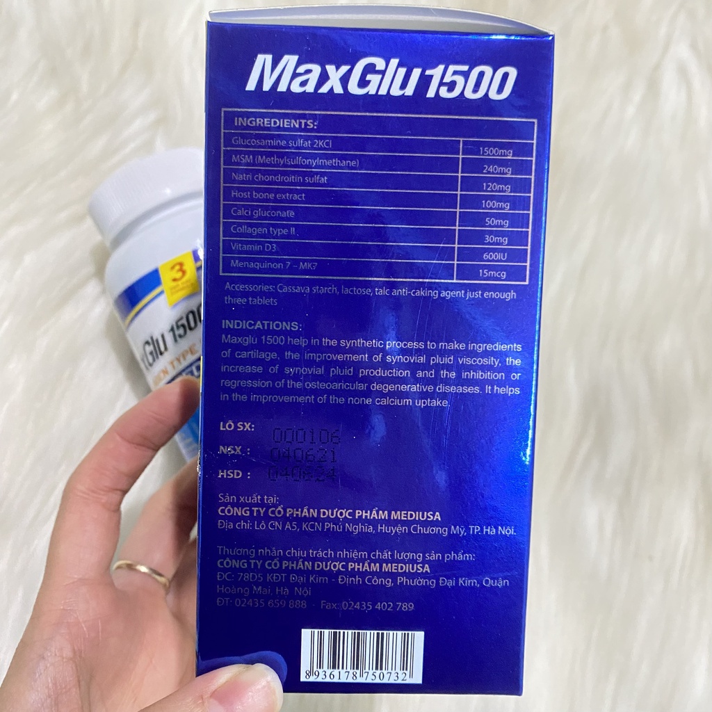 Cao xương ngựa bạch-MAXGLU 1500 lọ 60 viên-Làm chậm thoại hóa khớp, tái tạo mô sụn, làm trơn ổ khớp, tăng tiết dịch khớp