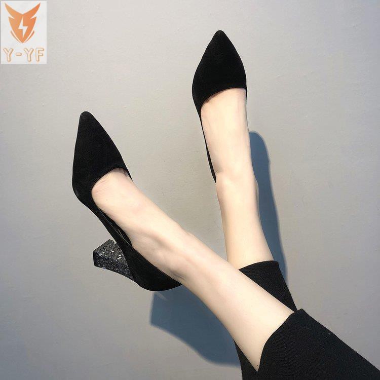 [High quality]Shoes women spring 2021 new thick heel high heels suede sequins sexy pointed toe women's single shoes shallow mouth women's shoes